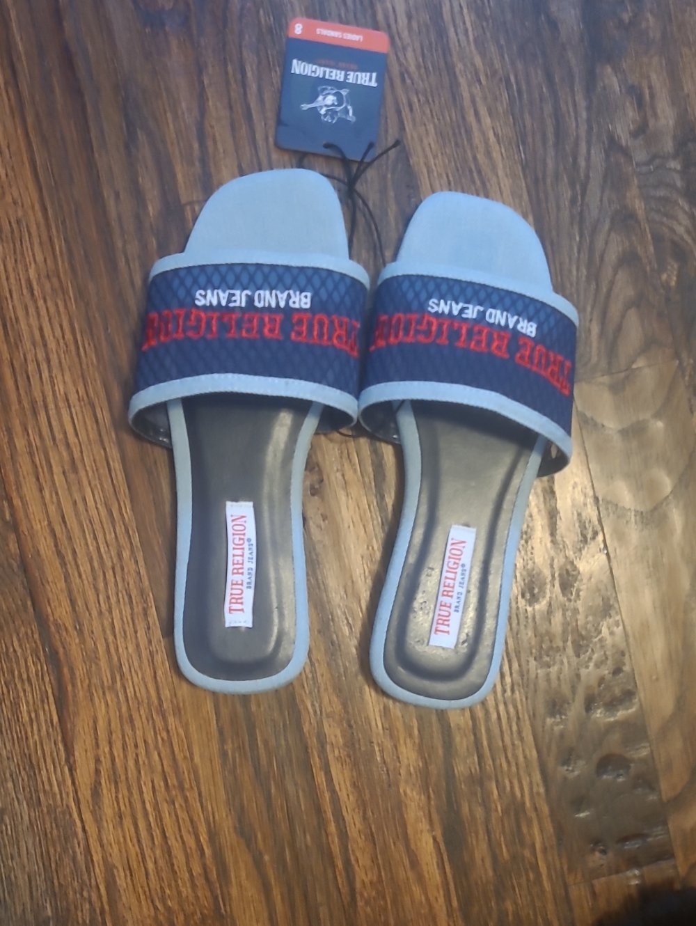 True Religion Kids Blue and Navy Slide Sandals with Red Logo - Size 8